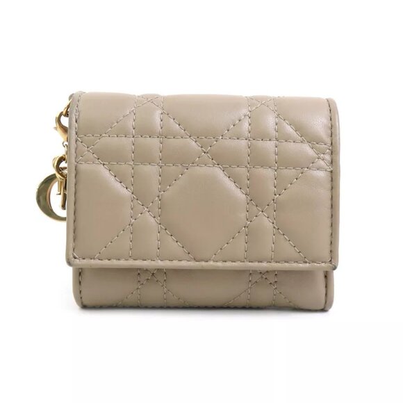 Auth Christian Dior Trifold Wallet Beige Leather/Goldtone - Picture 1 of 11
